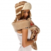 Комплект шапка скандинавка бежевая + шарф белый меринос или лама