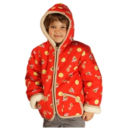 Детская куртка с капюшоном (меринос / плащёвка красная с рис.)